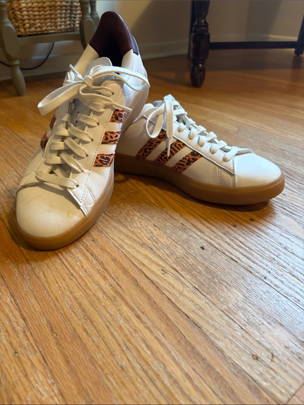 adidas White Leather Sneakers with Leopard Stripe Accents